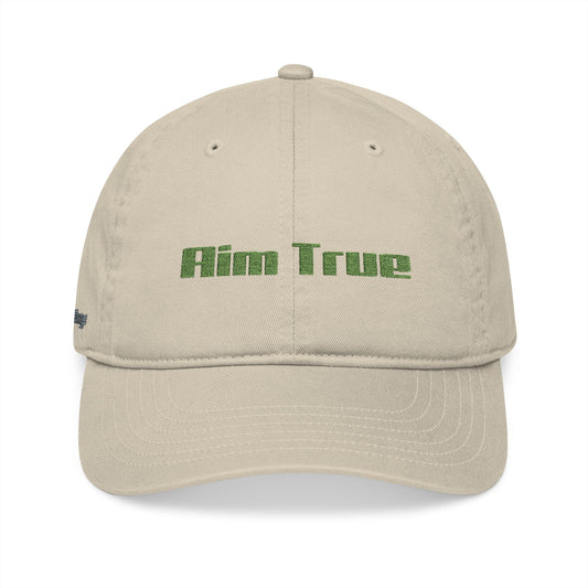 Organic Embroidered Cap — "Aim True" Green Leaf Hunter's Hat
