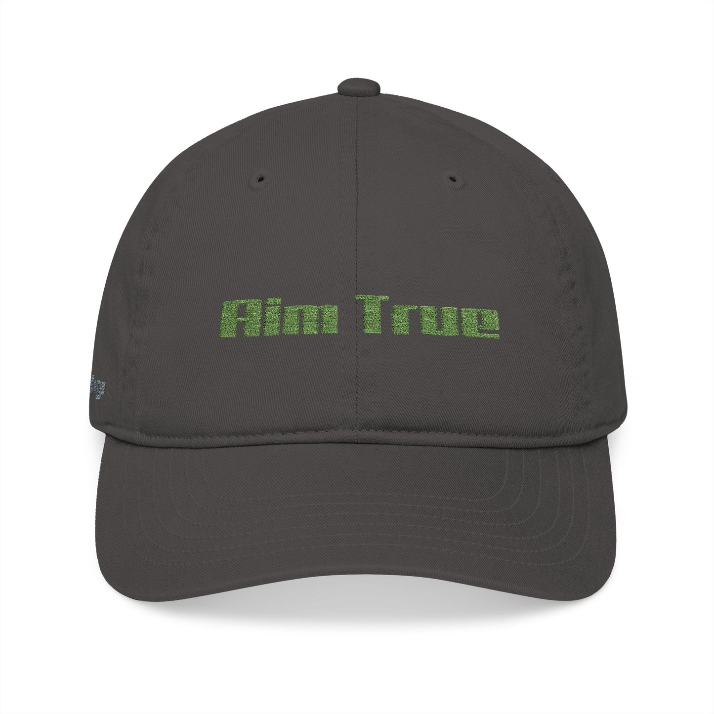 Organic Embroidered Cap — "Aim True" Green Leaf Hunter's Hat