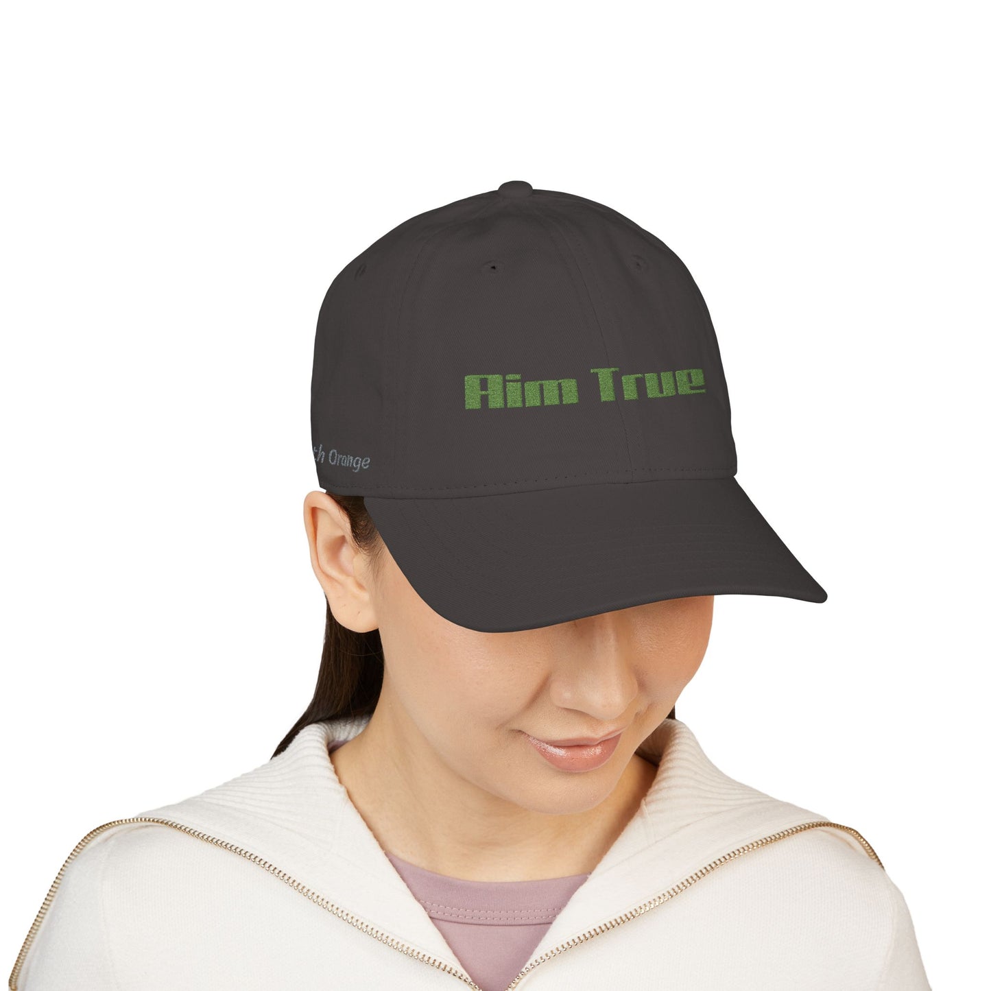 Organic Embroidered Cap — "Aim True" Green Leaf Hunter's Hat