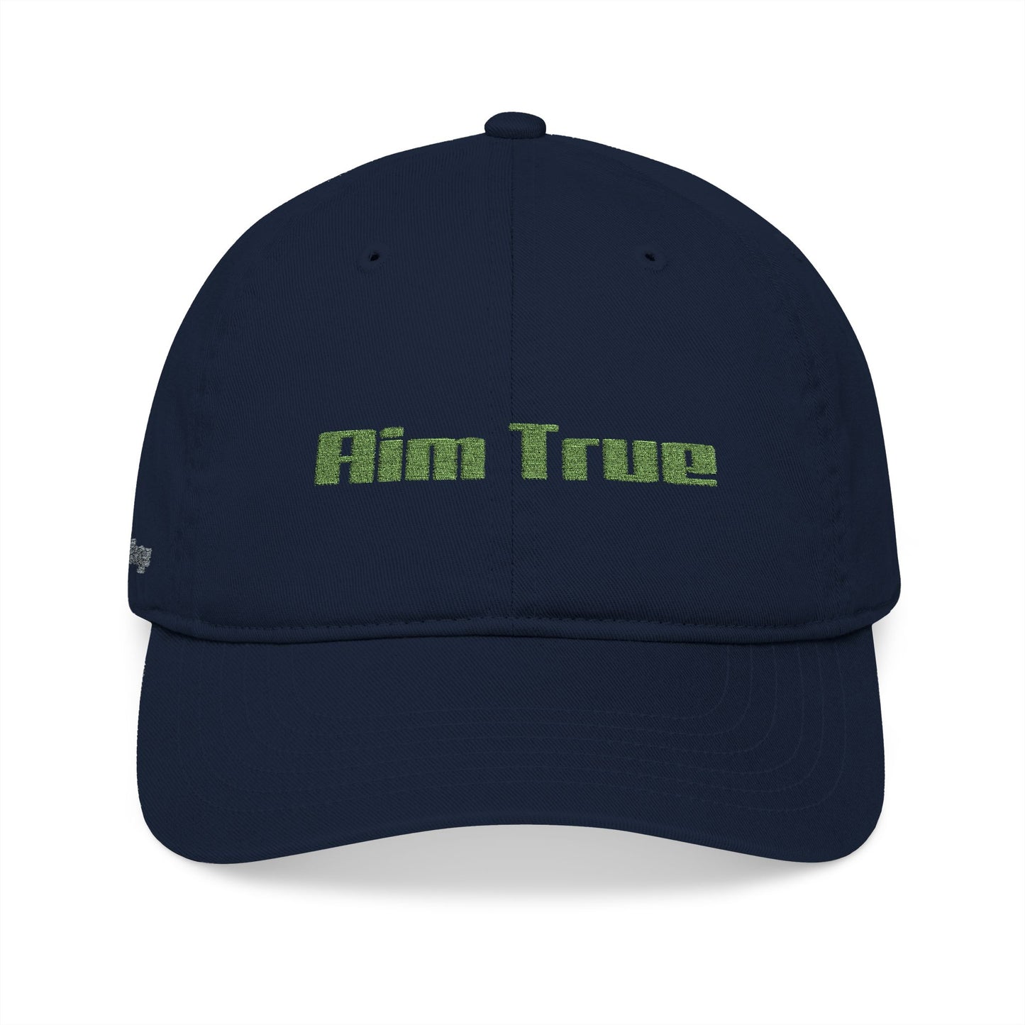 Organic Embroidered Cap — "Aim True" Green Leaf Hunter's Hat