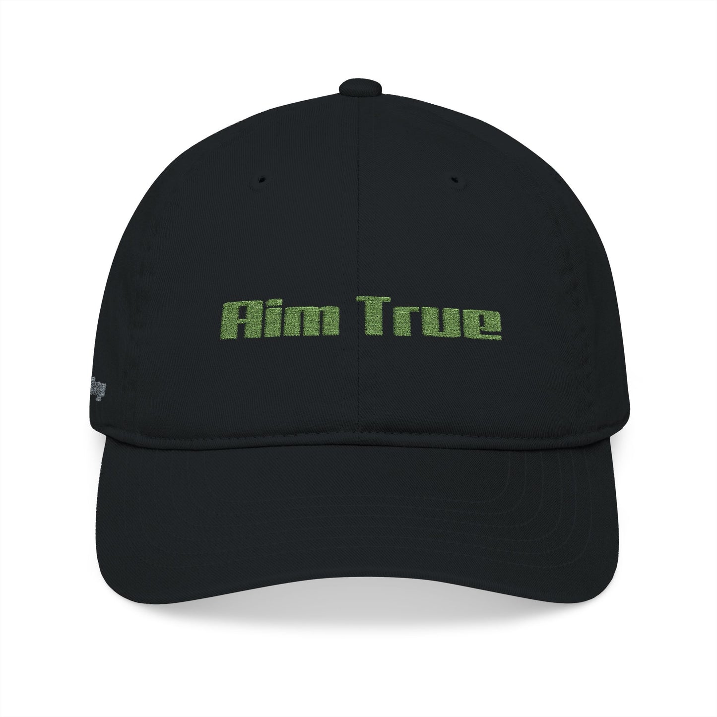 Organic Embroidered Cap — "Aim True" Green Leaf Hunter's Hat