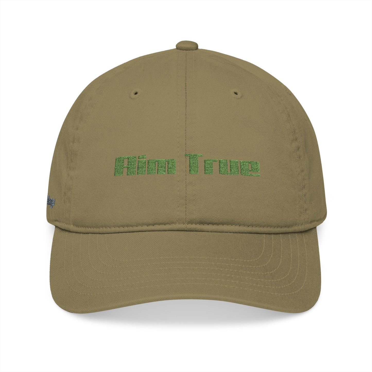 Organic Embroidered Cap — "Aim True" Green Leaf Hunter's Hat