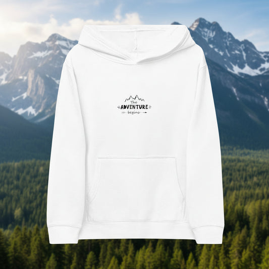 Kids Fleece Hoodie — "Adventure Awaits" Embroidered Pullover