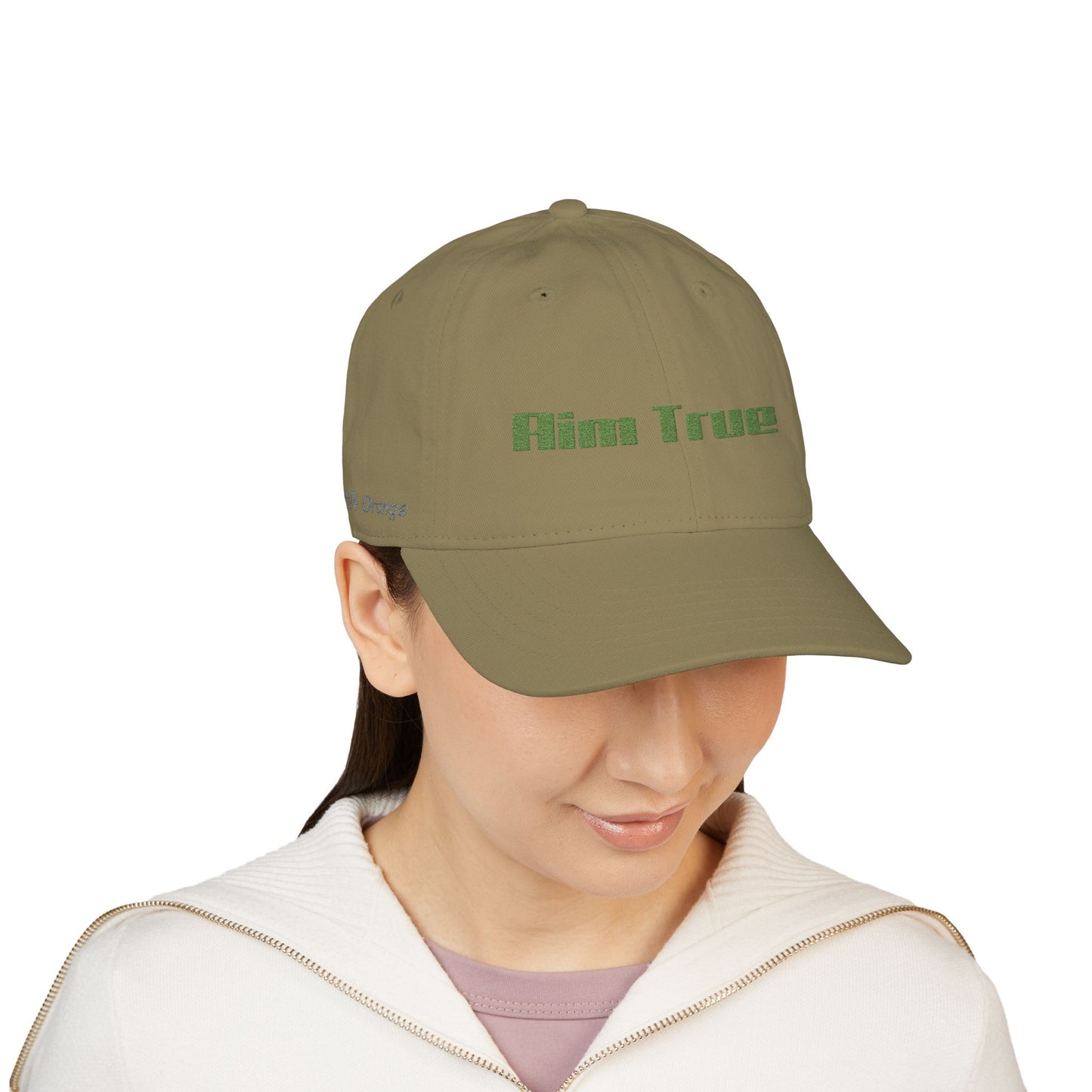 Organic Embroidered Cap — "Aim True" Green Leaf Hunter's Hat