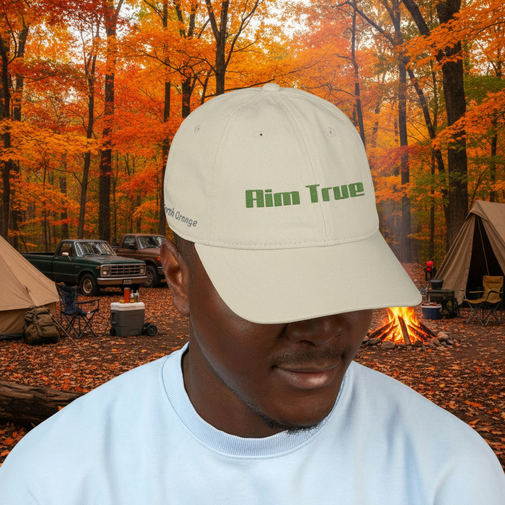 Organic Embroidered Cap — "Aim True" Green Leaf Hunter's Hat