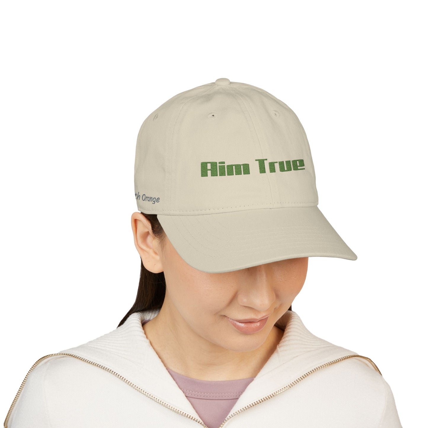 Organic Embroidered Cap — "Aim True" Green Leaf Hunter's Hat